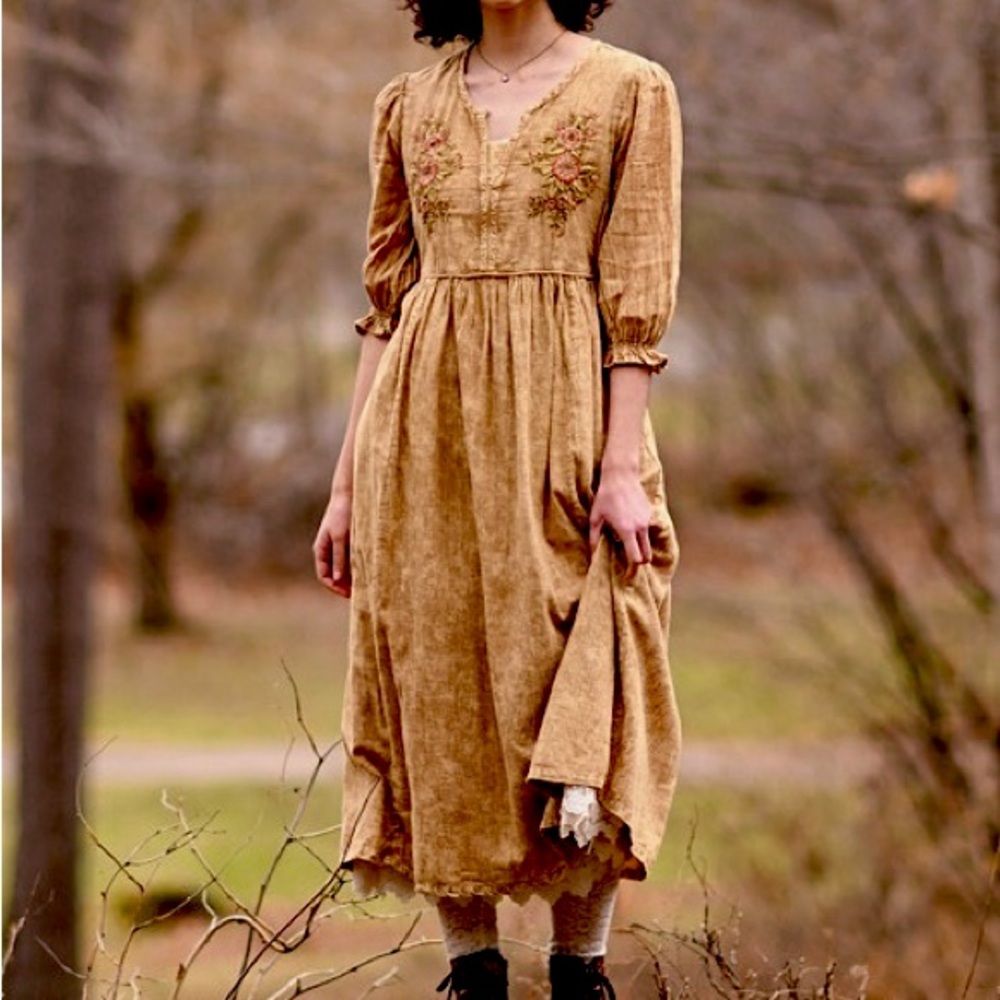 April Cornell 100% Cotton Celeste Gold Mineral Washed Embroidered Midi Dress XS